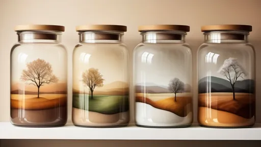 Prompt: four glass jars with lids on a shelf (the jars are filled with matching landscapes of the four seasons: spring, summer, autumn and winter). The shelf takes up most of the image. Background neutral in color, reflected light, warm earth tones, organic textures, soft light, delicate condensation details on the glass, inviting atmosphere, minimalist and charming, high-quality image, ultra-detailed, 4K.