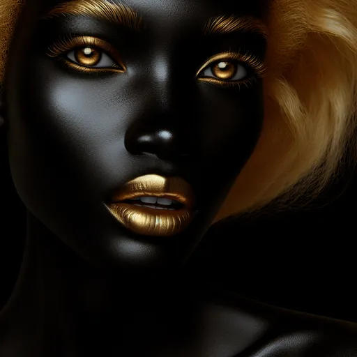 Prompt: only a woman's face with black skin and golden hair, in a gold-black photo with a black background, the mouth is slightly open, sensual, no makeup, clothes are not visible, no jewelry, detailed golden eyes, art photography, fashion photography, a photorealistic painting in the highest quality