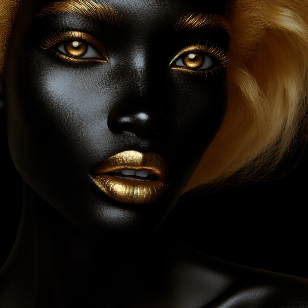 Prompt: only a woman's face with black skin and golden hair, in a gold-black photo with a black background, the mouth is slightly open, sensual, no makeup, clothes are not visible, no jewelry, detailed golden eyes, art photography, fashion photography, a photorealistic painting in the highest quality