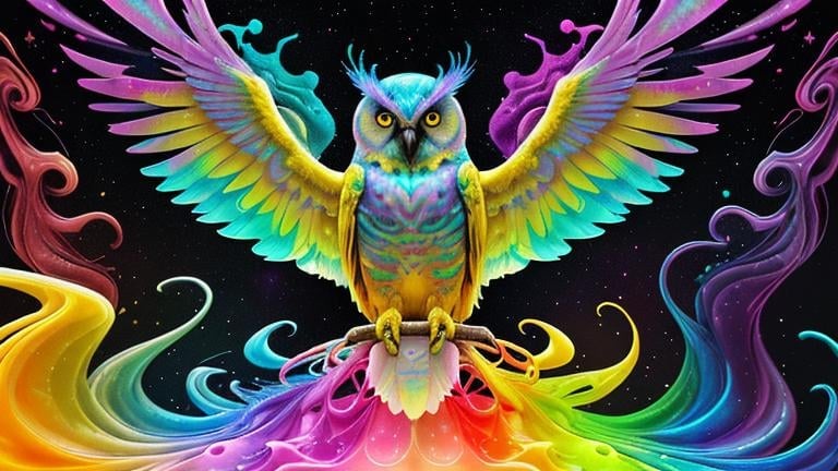 Prompt: "Quaternity rainbow iridescent psychedelic art 8k resolution holographic astral cosmic illustration mixed media by Pablo Amaringo bold strokes melting acrylic splash art trending on deviant art"
a yellow owl head is in it, background is white