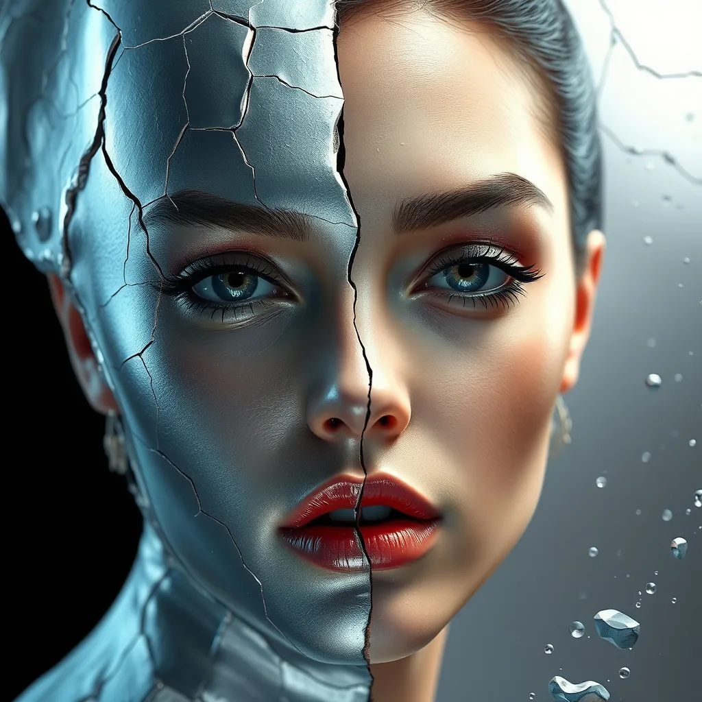 Prompt: (3D render of a woman's face), broken in half by (flowing silver), showcasing (futuristic realism), stunning (poured paint aesthetics), (darkly detailed features), (chic illustrations), (fragmented figures), and (graceful sculptures), all presented in a dramatic (cracked style), with a striking contrast of light and shadow, creating an intriguing and captivating atmosphere, ultra-detailed, high quality.