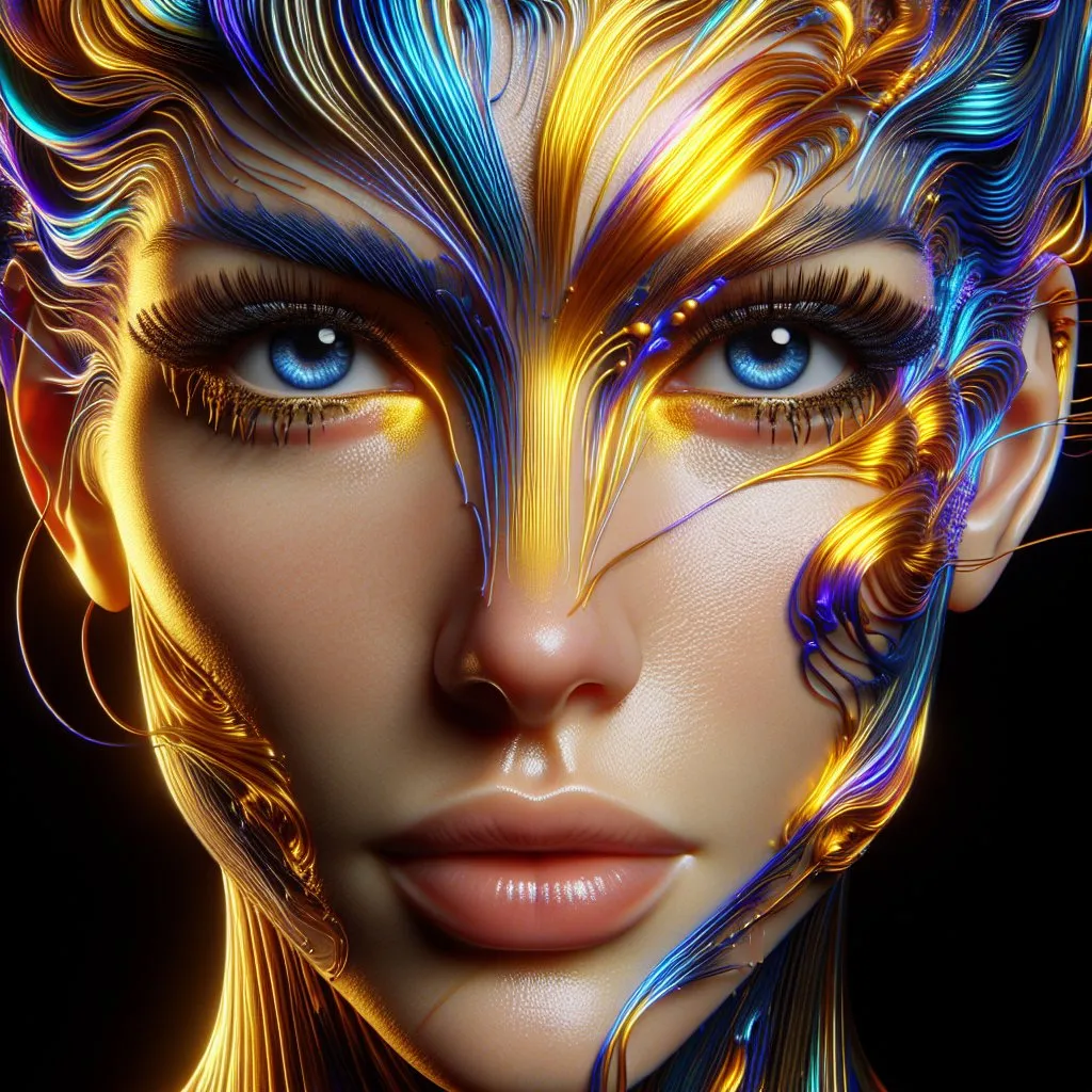 Prompt: Realistic portrait, Detailed, Beautiful colorful women body Portrait, lightening gold fluid in the Skin, blue hair, detailed lightening, perfect blue eyes, Intricately Structured, Hyper Detailed, Ultra Sharp 3D Rendering, Focus Face, Top Shot