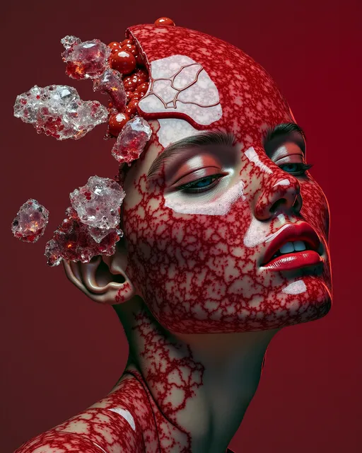 Prompt: (beautiful woman), full-body portrait, (red crystal geode skin on body and face), split open, broken, (showcasing vibrant crystals inside), (surrealistic concept photography), ethereal lighting, soft reflections, mystical ambiance, intricate details of crystals, dreamlike atmosphere, high resolution, ultra-detailed, (imaginative composition), vibrant contrasts of red and soothing marble tones.