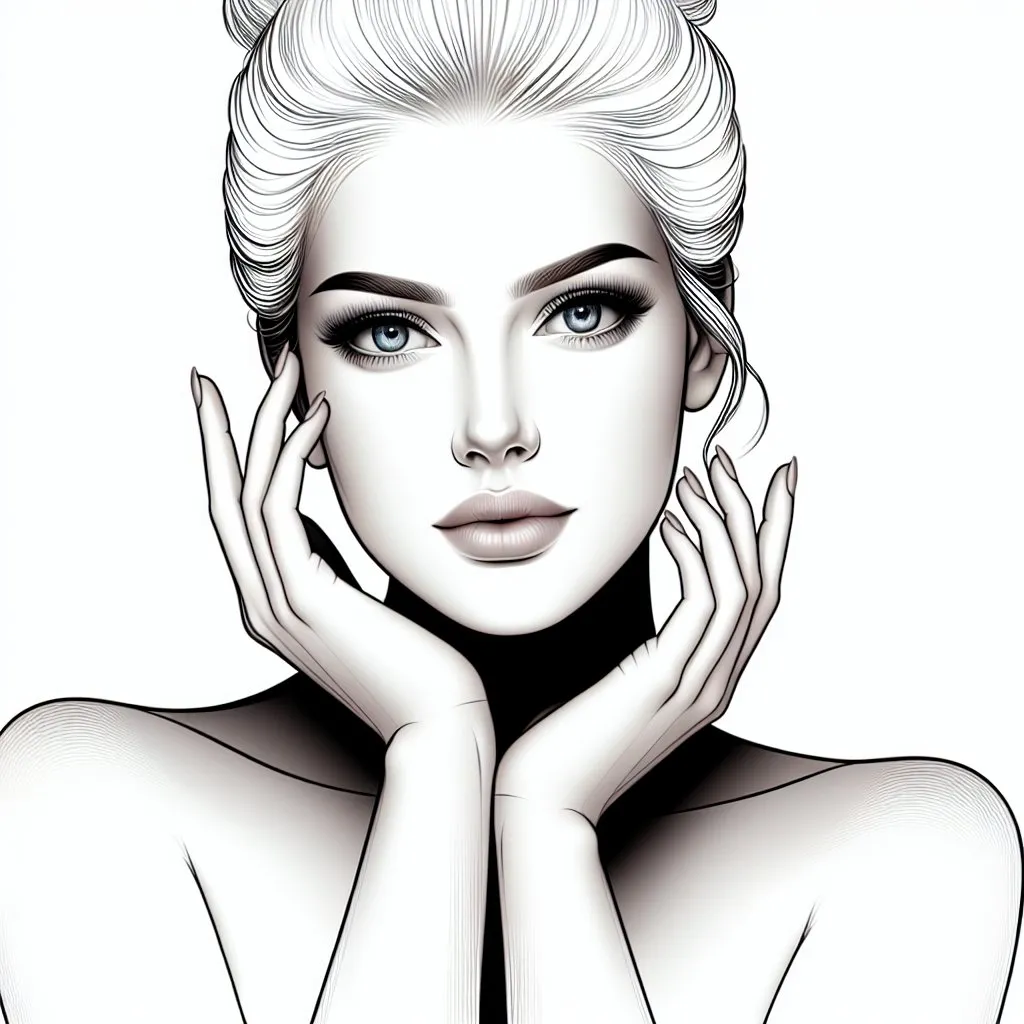 Prompt: It shows the face of a glamorous woman with white, cream-colored skin, her hands on her face and her blue eyes open, with a white background. In terms of color, the woman's body blends into the background and is therefore hardly recognizable. illustration, defined facial features and ambient occlusion rendering