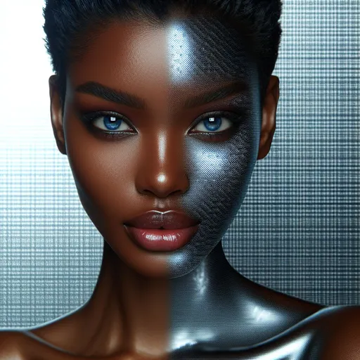 Prompt: Portrait of a dark-skinned very attractive woman, blue eyes, blue short hair, chrome screened face, chrome screened background, professional detailed eyes, realistic lighting, high resolution