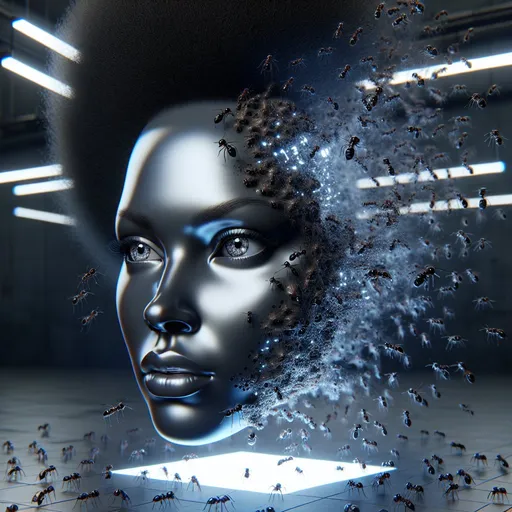 Prompt: black glowing 3D woman face evolving from grey ants, futuristic 3D rendering, metallic reflections, detailed facial features, high-tech hologram projection, ultra detailed, science fiction, futuristic, metallic reflections, glowing, professional, mood lighting, 3D rendering,