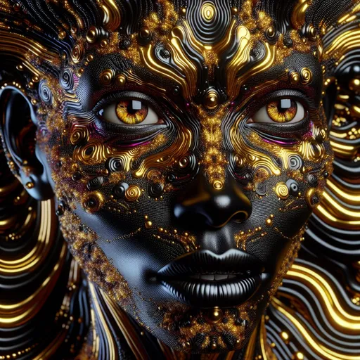 Prompt: gold black-colored psychedelic pattern with a black woman face, 4k, open eyes, artistic, impressive, beautiful, high contrast, striking shadows, punk art, 3D rendering, vibrant colors, detailed patterns, gold sheen, high-quality, stunning visual, intense gaze, surreal atmosphere, metallic tones, futuristic punk, dynamic poses