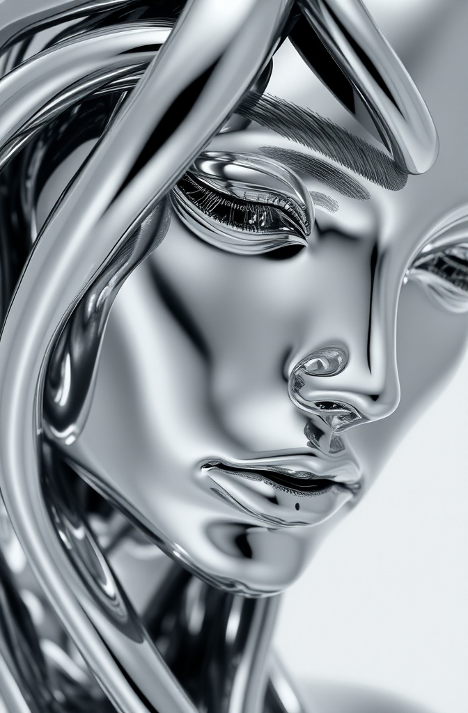 Prompt: (highly reflective female face made of polished metal), (abstract twisted shapes), (cold chrome-like texture), monochromatic scheme, realistic, ultra detailed, UHD, high depth, intricate details, shimmering, captivating reflections, surreal atmosphere, strong contrasts,  artistic innovation.