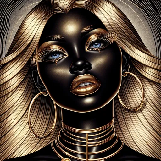 Prompt: head of an Italian woman. The entire head can be seen up to the neck, she puts her head back a little and looks upwards, the skin is completely black, absolutely black, blue open eyes, sensual look, golden hoop earrings, she wears several golden, tight-fitting chains around her neck. She has striking gold glowing make-up. She has striking gold glowing lips. She doesn't wear a headdress. has long, detailed blonde hair. abstract matching background, jewelry and make-up are detailed and clearly visible.
Close-up directly from the front, her head facing the camera