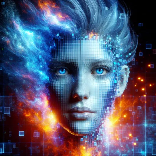 Prompt: 3D face of a woman with blue eyes and blue hair made of glass emerging from a digital matrix of small squares, enveloped in a glowing mist, vibrant colors, high quality rendering, surreal, digital art, intense lighting, fiery hues, detailed features, futuristic, abstract, surreal, 3D rendering, variable hues, high energy, dynamic composition