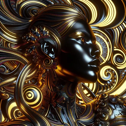 Prompt: gold black-colored psychedelic pattern with a black woman face and shoulder, long hair, 4k, open eyes, artistic, impressive, beautiful, high contrast, striking shadows, punk art, 3D rendering, vibrant colors, detailed patterns, gold sheen, high-quality, stunning visual, intense gaze, surreal atmosphere, metallic tones, futuristic punk, dynamic poses