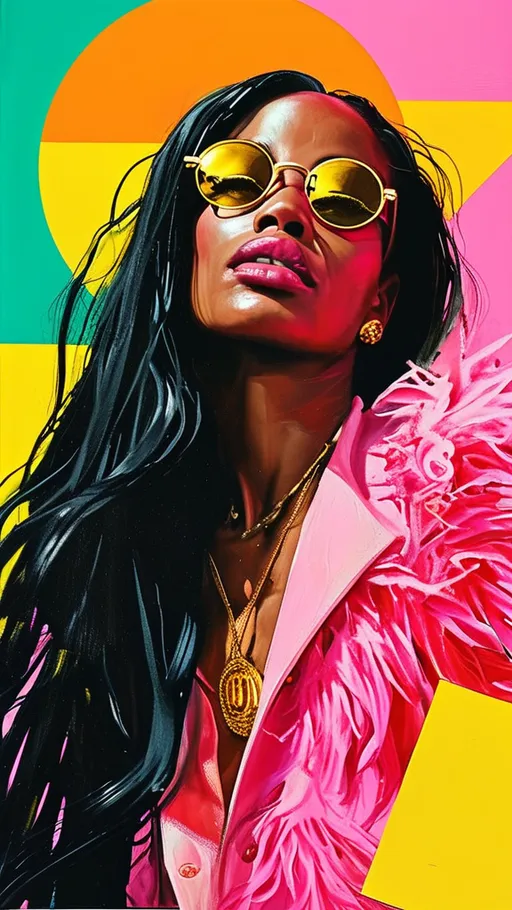 Prompt: (A black woman, long black flowing hair, wearing gold sunglasses), bright colors (bold geometric shapes), various patterns, pop art, collage art style, shades of pink, magenta and yellow, dynamic composition, lively atmosphere, intriguing shapes, appealing details, striking contrasts, artistic flair, ultra-detailed, modern aesthetic, visually stimulating, high quality.