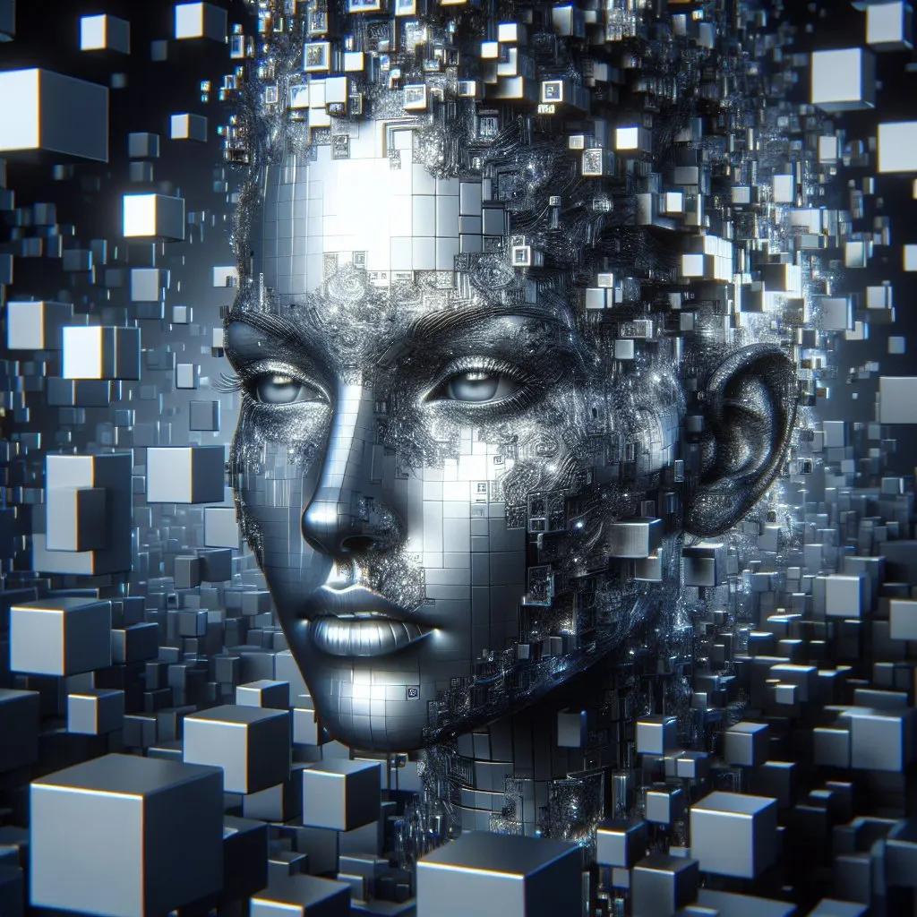 Prompt: Silver, glowing 3D face of a woman emerging from jumbled gray cubes, futuristic 3D rendering, metallic reflections, detailed facial features, high-tech holographic projection, cubic background, ultra-detailed, sci-fi, futuristic, metallic reflections, glowing, professional, atmospheric lighting, 3D rendering, jumbled cubes