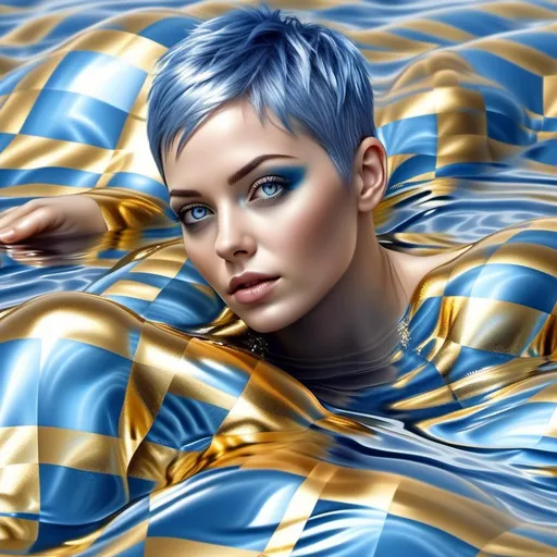 Prompt: silver-gold checkered thick liquid.
A beautiful, glamorous woman with short blue hair and blue eyes lets you float horizontally on her back in the waves. The woman has silver and gold striped skin on her body and face. they are just parts of the body

Hyper-detailed, ultra-sharp octane rendering, 3D illustration<mymodel>