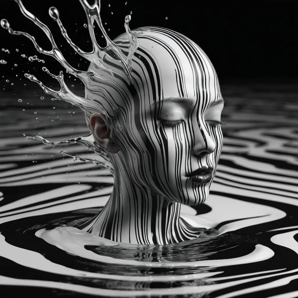 Prompt: Half of a white and black striped woman's head emerges from the striped white and black liquid.
Ultra detailed, high quality detailed full body 3D rendering