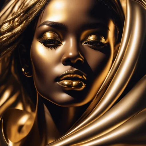 Prompt: gold silver-colored flowing  with a black woman face, 4k, open eyes, artistic, impressive, beautiful, high contrast, striking shadows, 3D rendering, silver gold colors, detailed lines, gold sheen, high-quality, stunning visual, intense gaze, surreal atmosphere, metallic tones, dynamic poses