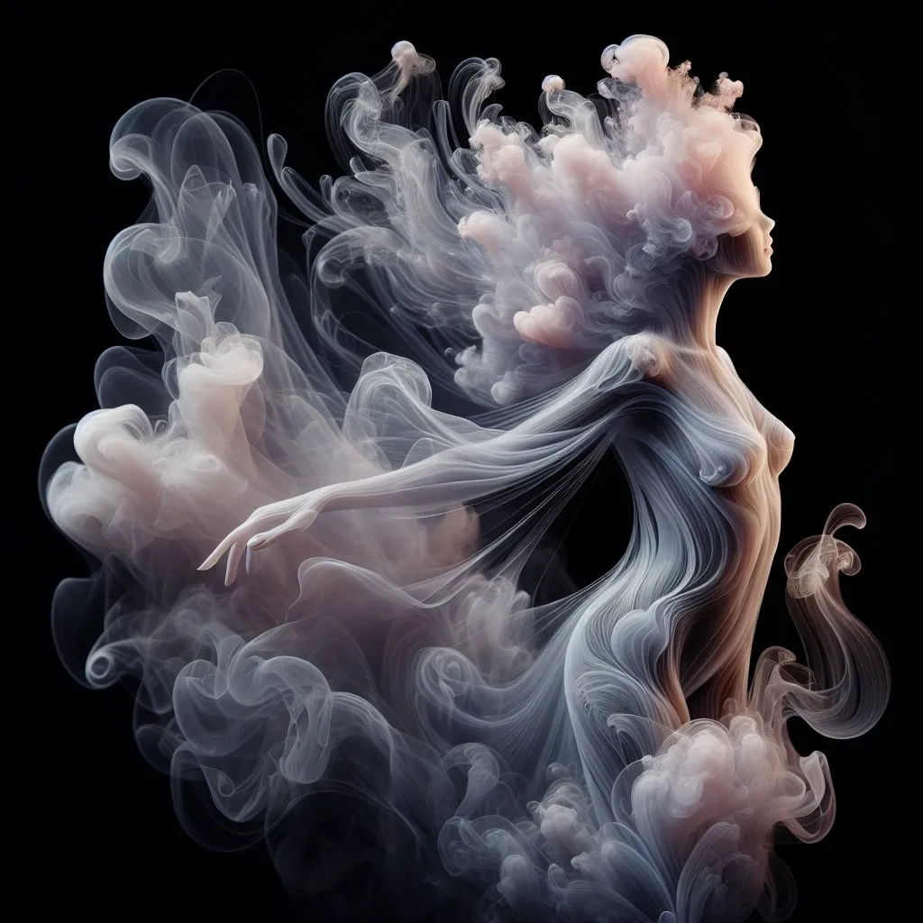 Prompt: lightening Smoke woman sculpture, ethereal and delicate, wisps of smoke forming a feminine figure, transparent and airy, high quality, mystical, surreal, delicate forms, translucent, artistic rendering, soft lighting, pastel tones, detailed wisps, artistic, dreamy, evanescent, elegant