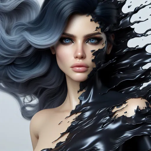 Prompt: 25 year old, realistic, glamorous white woman with blue flowing hair and blue eyes, she appears from cracked jet black shiny skin on her face and body that has already half fallen off