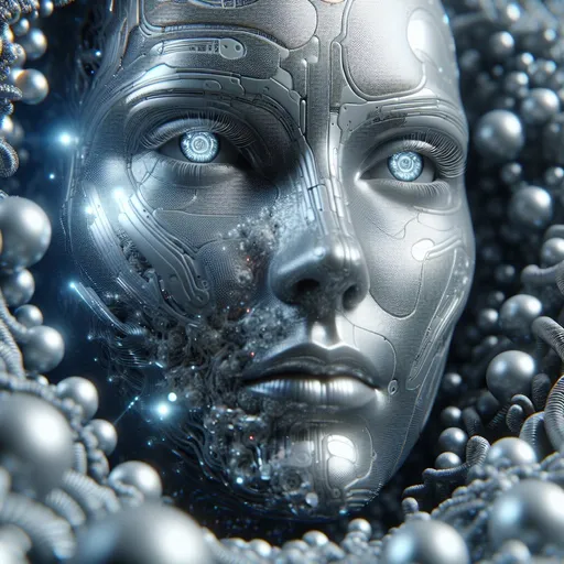 Prompt: Silver glowing 3D woman face evolving from grey microorganisms, futuristic 3D rendering, metallic reflections, detailed facial features, high-tech hologram projection, ultra detailed, science fiction, futuristic, metallic reflections, glowing, professional, mood lighting, 3D rendering,