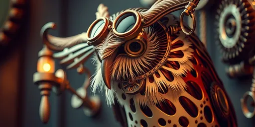 Prompt: (steampunk owl), intricately designed, mechanical elements, detailed gears, vintage goggles, mechanical wing,  atmospheric lighting casting golden hues, rich textures, a hint of whimsy and nostalgia, capturing the essence of steampunk artistry, ultra-detailed, high-quality, 4K resolution.