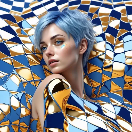 Prompt: <mymodel>silver-gold checkered thick liquid.
A beautiful, glamorous woman with short blue hair and blue eyes lets you float horizontally on her back in the liquid. The woman has silver and gold striped skin. Only parts of the body, the face and the hairline are visible

Hyper-detailed, ultra-sharp octane rendering, 3D illustration