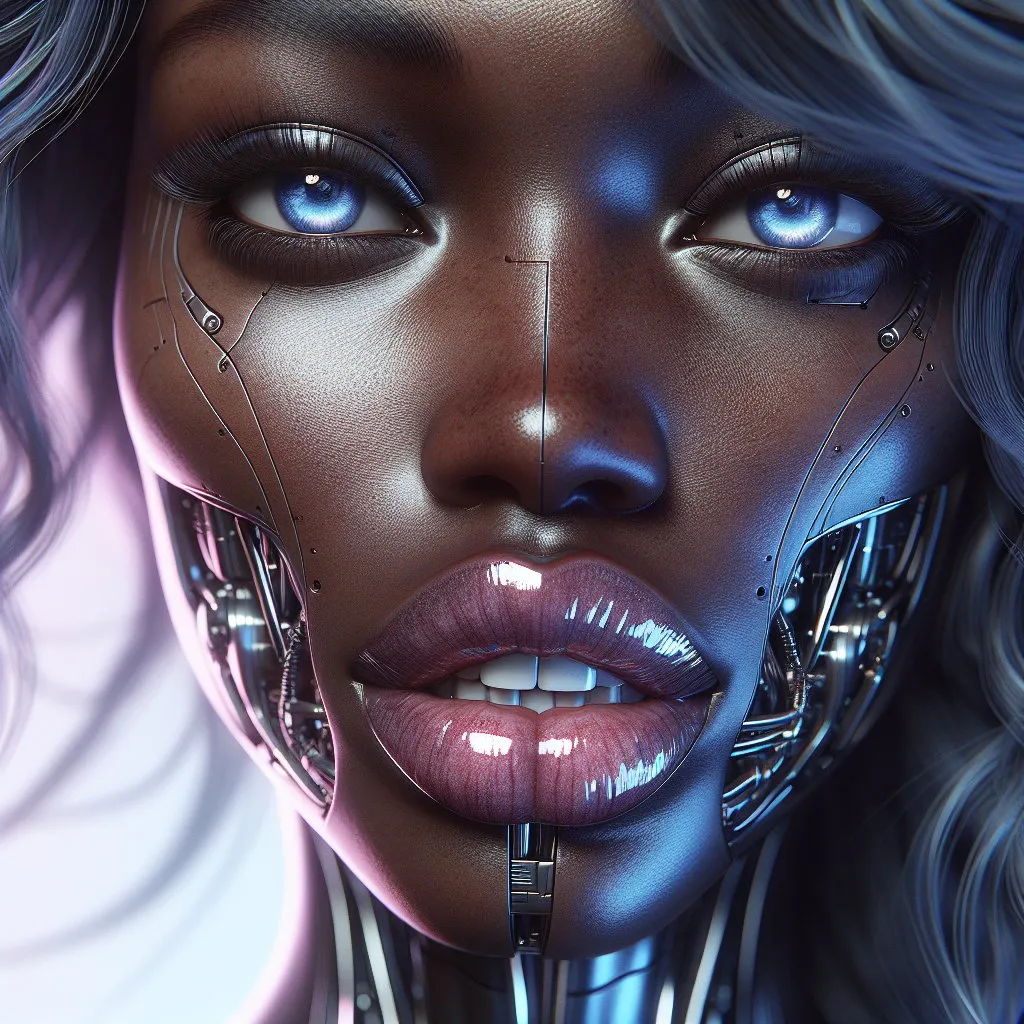 Prompt: Photo of a very dark-skinned attractive woman, realistic look, slightly kissing mouth, detailed realistic white teeth, disheveled long blue hair, direct eye contact, open blue detailed eyes, high level of detail, every pore is visible, realistic, futuristically transformed into a chrome-plated structure covered in wires, background with pastel highlights , individual bright lights, professionally detailed eyes, realistic lighting, high resolution