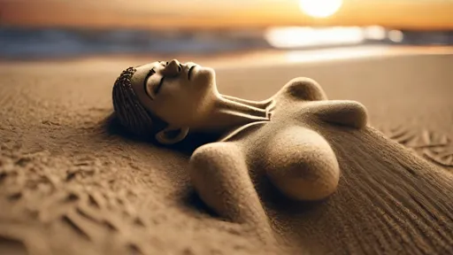 Prompt: Detailed representation of a human body made entirely of sand, only the detailed human eyes can be clearly seen, detailed woman's body, full body, focus from above on the face, background sunset on the beach, surreality, hyper-detailed, ultra-sharp octane rendering, 3D rendering