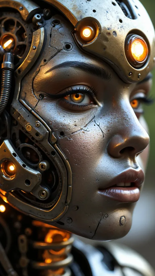 Prompt: (mechanical 3D face), intricate details, gears and springs, metallic textures, complex layering, high contrast lighting, shadows enhancing depth, warm metallic tones with brass accents, (ultra-detailed), imaginative design, futuristic technology, vivid representation, sharp focus on intricacies, dynamic composition, engaging atmosphere.