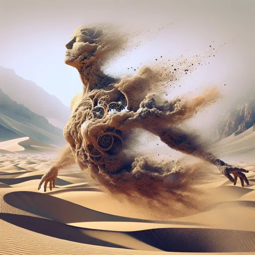 Prompt: Realistic floating female body sculpted from sand, created in sandstorm, mystical, moving, detailed sand particles, desert, alive, surreal, enigmatic, high quality, realistic, detailed, mystical, ethereal, desert landscape, moving sand particles, female form, detailed features, surreal interpretation, questioning reality, realistic sand texture