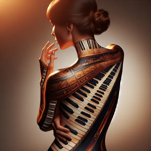 Prompt: A Woman with a piano keys skin, intricate details of piano keys, elegant and graceful posture, classical art style, warm and luxurious color tones, soft natural lighting, fine art, classic, detailed piano keys, elegant, high quality