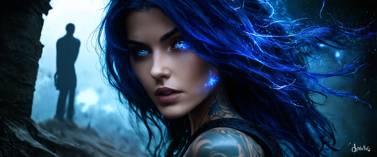 Prompt: a full body portrait of woman,perfect face,  dark fantasy randy theme, mystical, zoomed, Dark theme, underworld theme, deviant art masterpiece , blue lightening eyes, blue hair, dark dress, dark tattoos, color grading, dark illustration, 8k cinematic effect