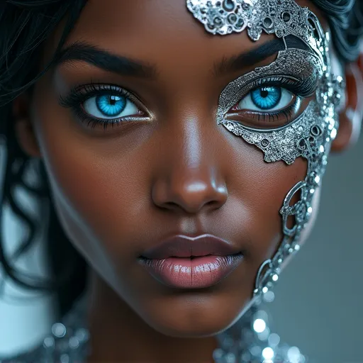 Prompt: photorealistic, (very dark-skinned) attractive woman, (realistic look), slightly kissing mouth, (disheveled hair), direct eye contact, (open blue detailed eyes), high level of detail, (every pore visible), (futuristically transformed), (silver-plated structure), intricate designs, futuristic elements on the right eye, dramatic lighting, close-up shot, ultra-detailed, vivid textures, immersive depth, evocative atmosphere.