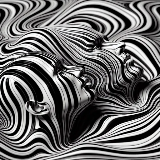Prompt: A white-black-striped female head and a white-black-striped male head emerge from the white-black striped liquid. They look at each other, sensual look. Close-up side view from above.
The background also consists of a black and white liquid.
Ultra detailed, high quality detailed 3D full body rendering