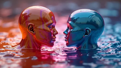 Prompt: (stripeds colors) two heads (striped colors)  emerging from (striped liquid), gazing at each other , close-up side view from above, (ultra-detailed) 3D rendering, (high quality), vibrant hues throughout the liquid, fluid patterns blending seamlessly, evocative ambiance highlighting connection, background reflecting colorful liquid, cinematic lighting enhancing features, mesmerizing visual depth and dynamics.