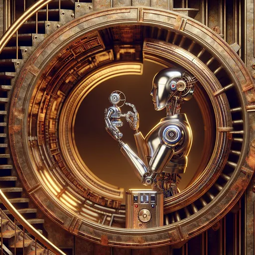 Prompt: (chrome female robot holding silver robot in her arms), (inside an older spiral staircase), copper and gold accents highlighting the intricate details, (oil painting), rich textures, warm lighting casting soft shadows, serene ambiance, capturing an emotional moment, high quality, ultra-detailed craftsmanship, blending futuristic and vintage elements seamlessly.