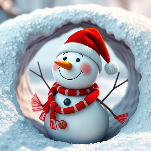 Prompt: (3D snowman in a playful hole, wearing a festive (Santa hat) and a bright (red scarf) around his neck, vibrant color scheme, whimsical texture, cheerful demeanor, (Ernest William Christmas) theme, captivating background, detailed snow, bright and clear atmosphere, (digital art) masterpiece, striking HD wallpaper, (computer graphics), high-quality rendering, inviting and festive ambiance.