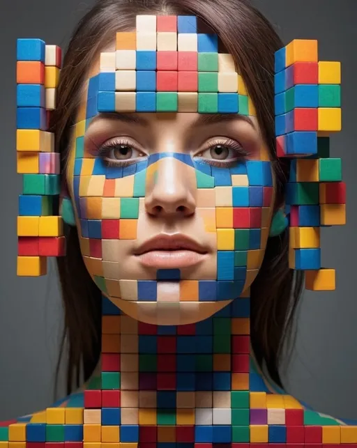 Prompt: Create an image of female face composed entirely of multicolored cubes in various sizes. The figure should appear as if constructed from these geometric shapes. The cubes vary in size to represent different body parts proportionately, creating a visually interesting and abstract representation of a human body. The composition should be clear, with a focus on how the blocks assemble to mimic human anatomy. The background should be neutral to emphasize the figure