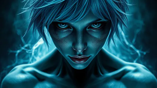 Prompt: Detailed  female body, from the opening torso comes a demonic gaseous figure. detailed loving face, short blue tousled hair, detailed blue eyes, surreal and mysterious, high resolution, complex digital art, surrealism, cool tones, dramatic lighting, detailed facial features, realistic shadows, artistic, surreal, mysterious, high quality, detailed,, cool tones lighting, complex design