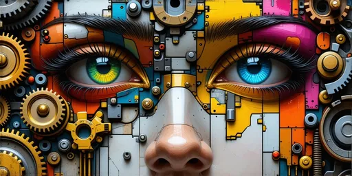 Prompt: (mechanical 3D face with detailed eyes), intricate detail, (complex layering) of gears and springs, vibrant pop art style, (high contrast lighting), metallic textures visibly reflecting light, dynamic shadows creating depth, finely crafted features that merge artistry and engineering, bold colors and striking patterns enhancing visual impact, (ultra-detailed), innovative design elements that intrigue and captivate.