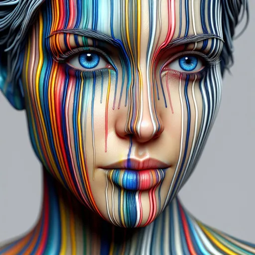 Prompt: a woman as an ilustration with a multi-colored face, the colors run vertically down the face in narrow stripes, dripping and running drops of paint over the entire face, between the colored stripes there is a white fab stripe, the blue eyes and the short blue hair are realistic and very detailed