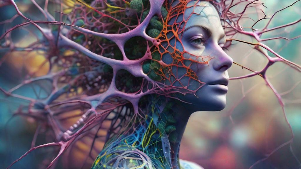Prompt: Realistic, Detailed, Beautiful colorful Neuron Portrait, fairy Gothic, Net in the Skin, Intricately Structured, Unknown Plants, Biodiversity, Surreality, Hyper Detailed, Ultra Sharp 3D Rendering, Focus Face, Top Shot