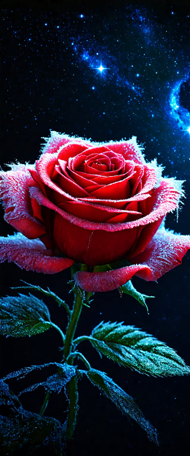 Prompt: a frozen cosmic rose, the petals glitter with a crystalline shimmer, swirling nebulas, 8k unreal engine photorealism, ethereal lighting, red, nighttime, darkness, surreal art