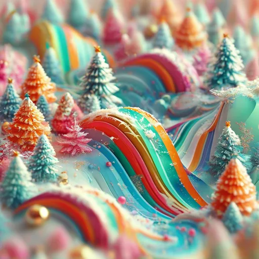 Prompt: (3D Christmas theme), bold warm rainbow colors, symmetrically centered, detailed geometric patterns, harmonious design, bright highlights, smooth texture, great depth, captivating charisma, mesmerizing visual elements, modern aesthetics, ultra-detailed, HD quality, light background in pastel tones with overflowing gradients that convey a feeling of balance and calm.