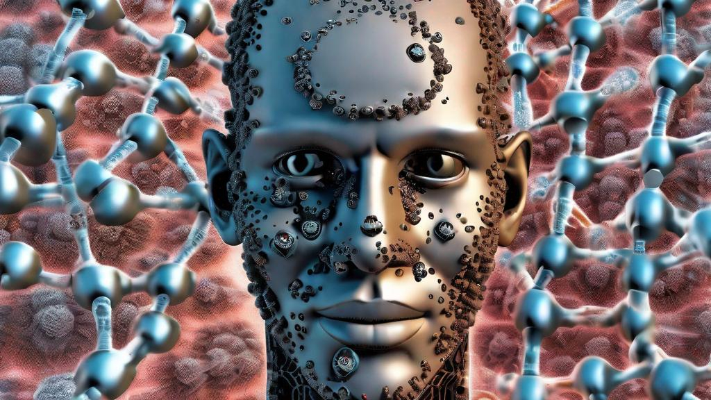 Prompt: Detailed representation of a human head composed exclusively of viruses, detailed human face, background matching the virus, surreality, hyper-detailed, ultra-sharp octane rendering, 3D representation