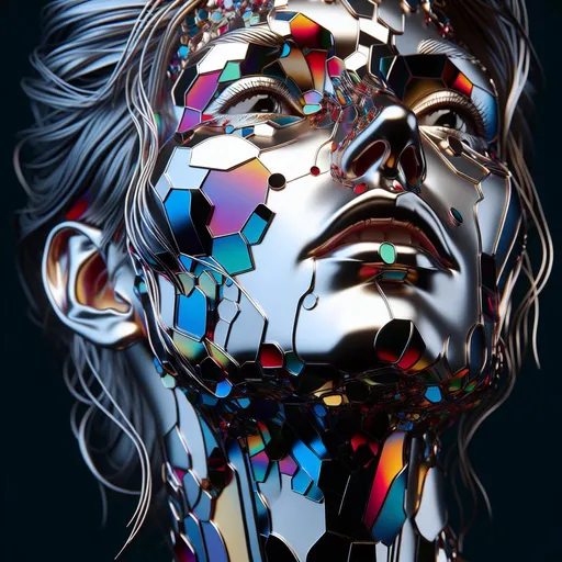 Prompt: Vibrant abstract art, 3D rendering, woman face, portrait, many metallic mirror colors, vibrant abstract woman face, looking forward, woman looking up, mouth a little bit opened, HDR, 8k resolution, 3D rendering