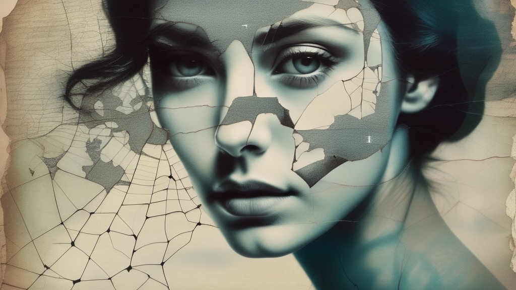 Prompt: A beautiful woman, double exposure, surreal artwork, printed on cracked paper, artful, aesthetic, muted color scheme, unusual, vintage feel 