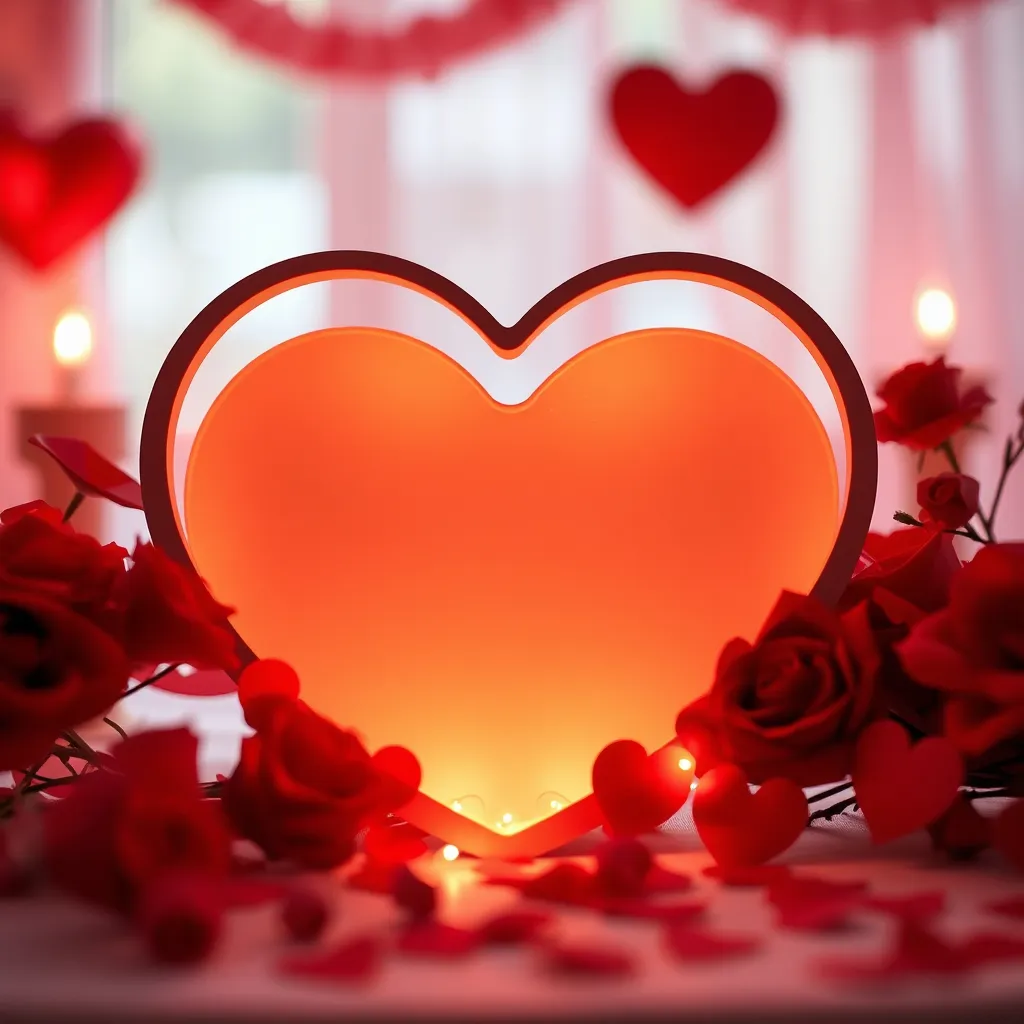 Prompt: (valentine's day theme) (heart-shaped picture frame) empty interior, romantic ambiance, red colors, warm lighting, delicate love accents surrounding the frame, serene and inviting atmosphere, perfect for holding cherished memories, d elegant design, conveys love and affection, suitable for a cozy setting, ultra-detailed, high quality.