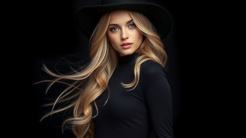 Prompt: (Ultra-detailed) woman in an absolute black dress, (long, flowing blonde hair) cascades elegantly, (bright blue eyes) stand out in contrast, (absolute black hat) completes her look, surrounded by an (absolute black background) creating an intense, captivating atmosphere. Black clothing and background are indistinguishable from each other. Full body, exciting pose. Lighting highlights her facial features, enhancing the contrast between the black of the background and the vivid blue of her eyes, evoking a sense of elegance and intrigue in this (high quality image).