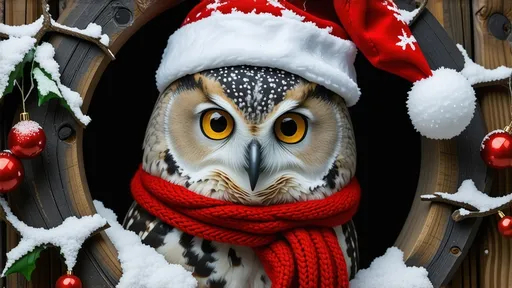 Prompt: 3D owl in a decorative 3D hole, wearing a festive Santa hat and a bright red scarf around its neck, vibrant color palette, whimsical textures, cheerful expression, inspired by the style of Ernest William Christmas, captivating background with detailed snow, clear and bright winter atmosphere, digital art masterpiece, stunning HD wallpaper, high-quality computer graphics, realistic rendering details, inviting and festive ambiance