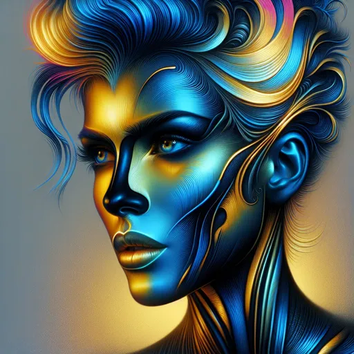 Prompt: Woman with blue and gold skin on face, weird hair, airbrush painting, highres, detailed, neo-primitivism, biopunk, neon colors, surreal, airbrushed details, abstract, professional, vibrant lighting